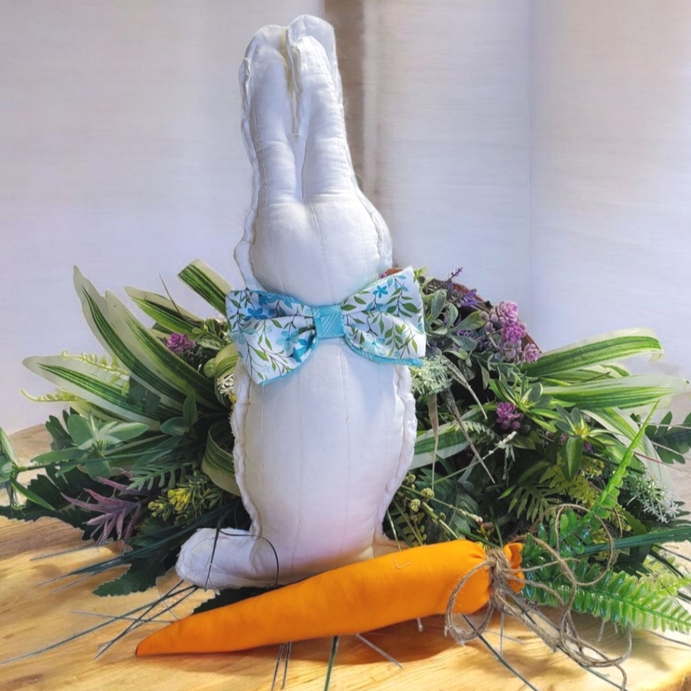 White Farmhouse Bunny with Blue Floral Bow & Carrot Easter Decor
